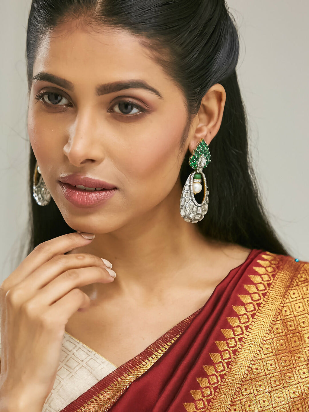 Nuyug 22K Gold-Plated Zircon Studded & Pearl Teardrop Shaped Dangler Earrings | Grocsy