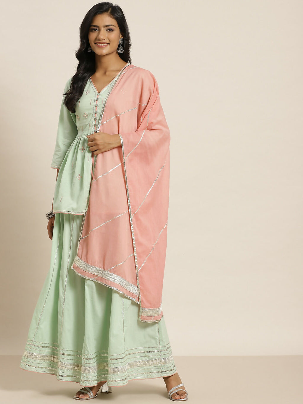 Juniper Pista Green Thread Embroidered Kurta Palazzo & Cotton Dupatta Set | Grocsy
