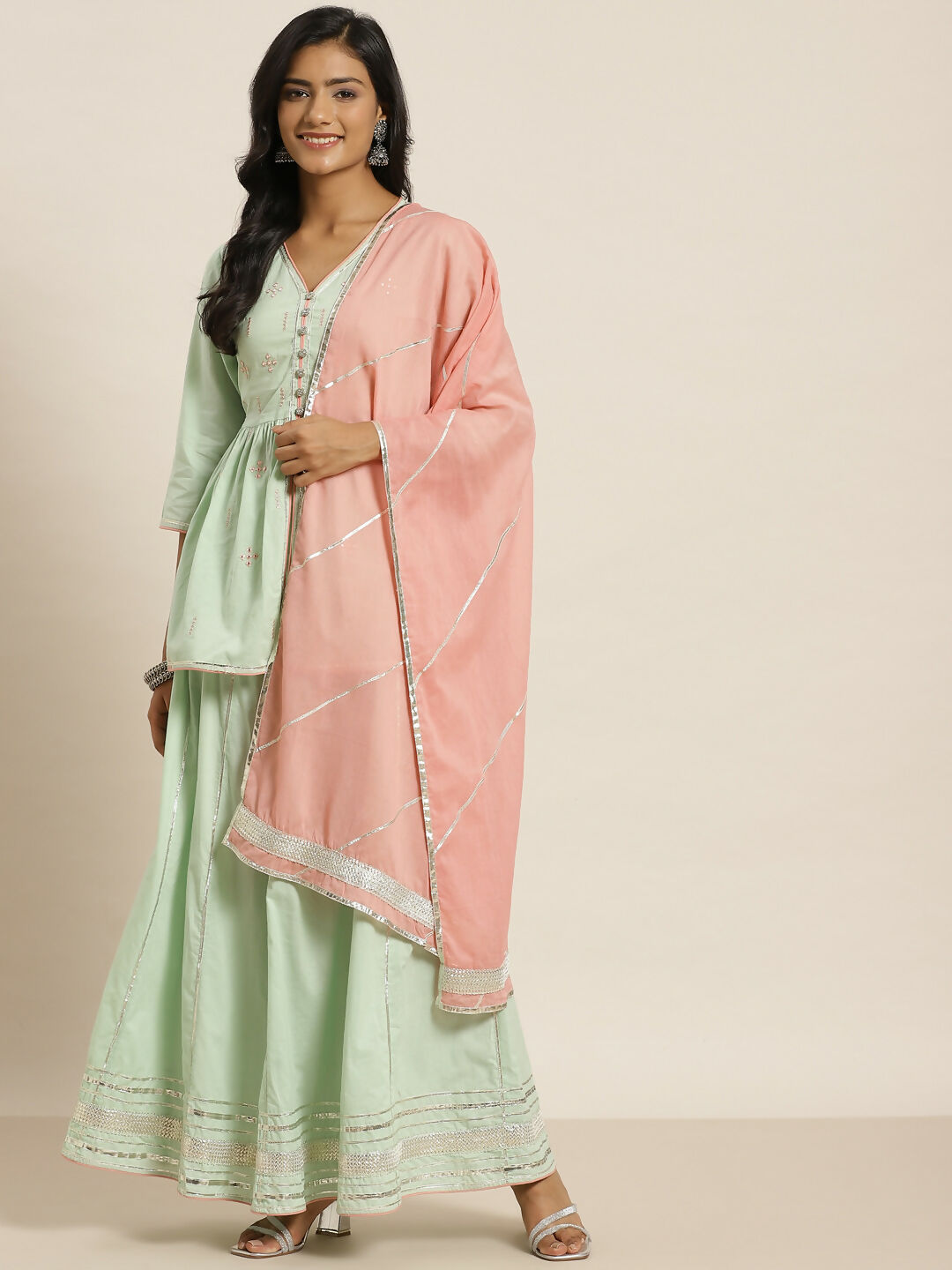 Juniper Pista Green Thread Embroidered Kurta Palazzo & Cotton Dupatta Set | Grocsy