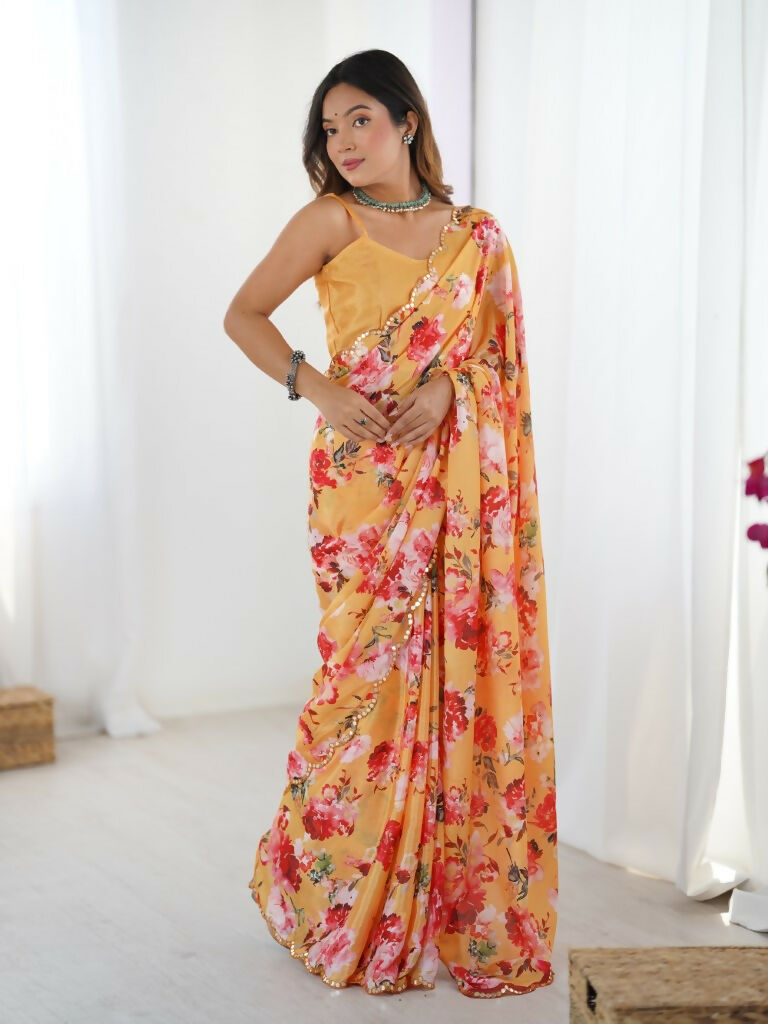 Orange Chinon Designer Digital Printed,Mirror Cut Work Saree - Elayna | Grocsy