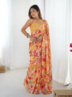 Orange Chinon Designer Digital Printed,Mirror Cut Work Saree - Elayna | Grocsy