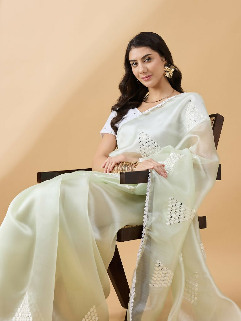 Green Tissue Slub Embroidered Saree with Unstitched Blouse - Vairagi | Grocsy