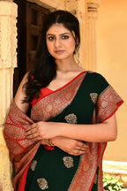 Joban Fashion Emerald Green Crepe Chiffon Pure Handloom Banarasi Silk Saree | Grocsy