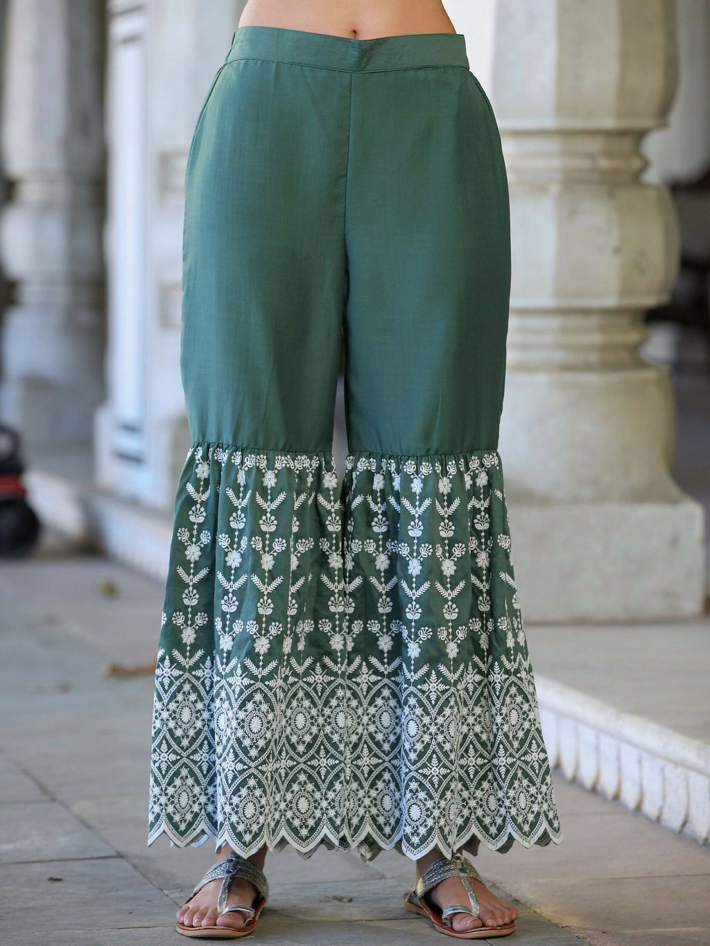 Juniper Women's Green Chinnon Embroidered Kurta Garara Set | Grocsy