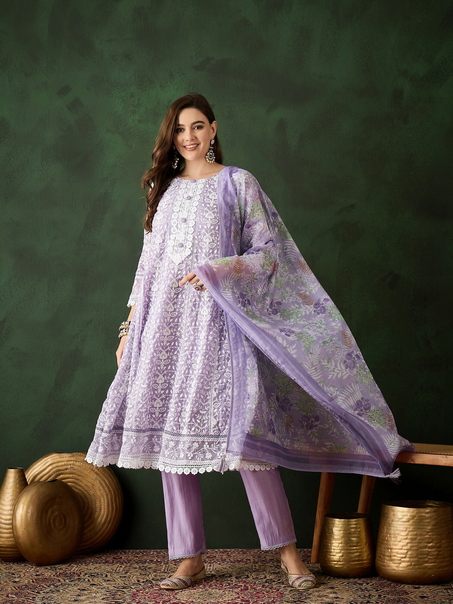 Lavender Crystal Organza schiffli embroidery Kurta With Trouser & Dupatta - Bhumi | Grocsy