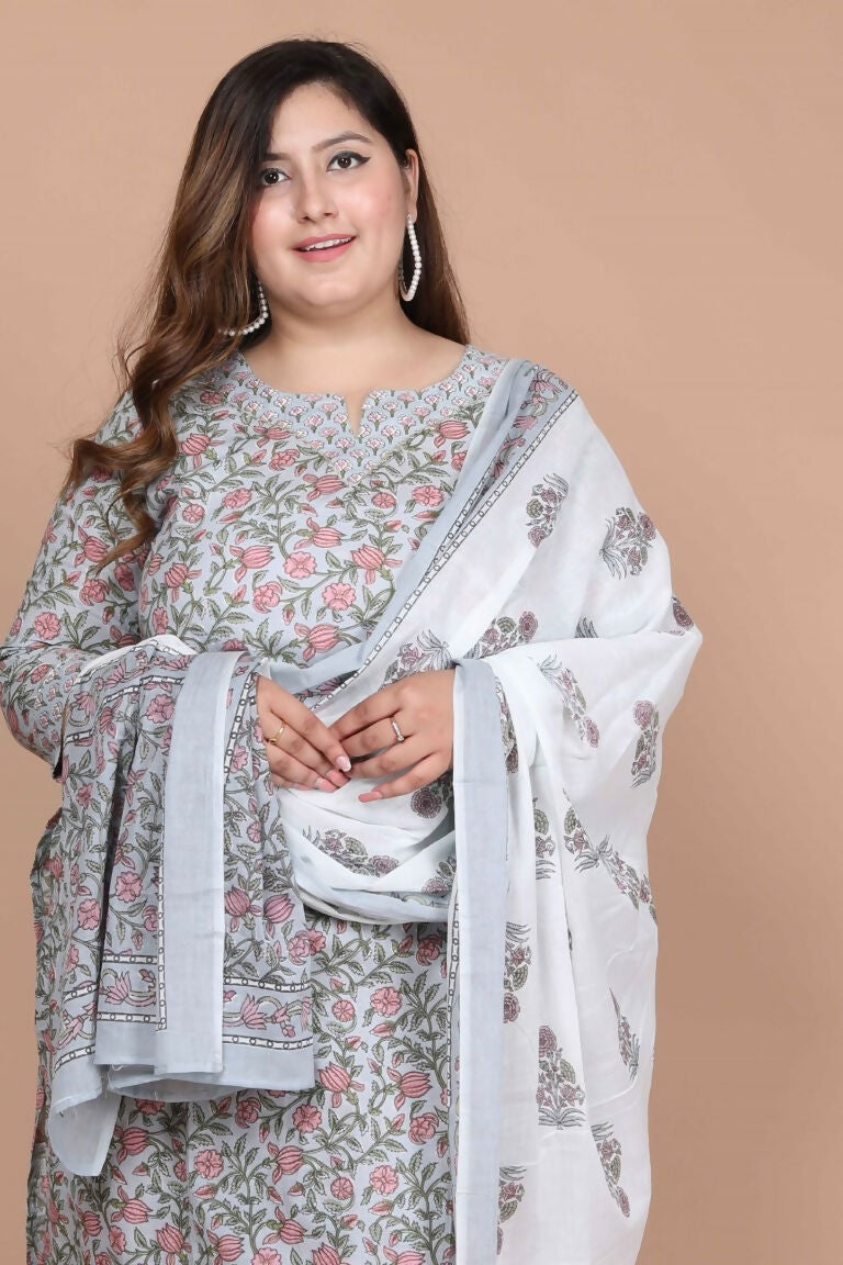 Miravan Women's Plus Size Blue Floral Printed Gota Patti Cotton Kurta With Palazzo And Dupatta Set | Grocsy