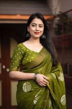 Mehndi Cotton Crepe Batik Print Saree with Unstitched Blouse - Hiral Fashion | Grocsy