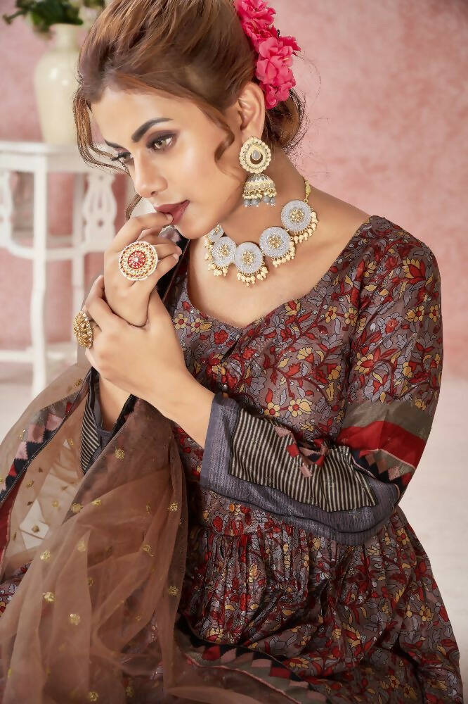 Everywhere Designer Maroon Dola Silk Gown With Dupatta - Anbazaar | Grocsy