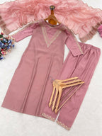 Teeya Creation New Womens Peach Straight Cut Kurta Set with Scalloped Embroidered Organza Dupatta Set | Grocsy