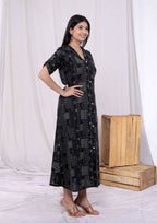 Miravan Women's Pure Cotton Black Floral Printed Front Button A-Line Midi Dress | Grocsy