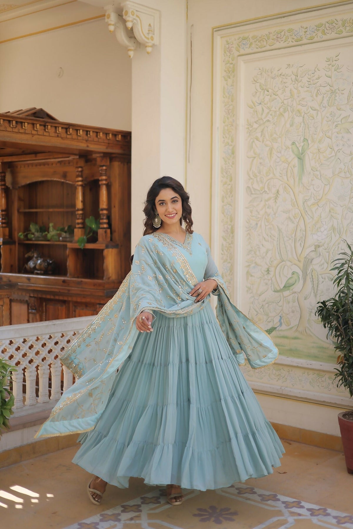 Joban Fashion Sky Blue Georgette Sequence Embroidery Work Kurta Set | Grocsy