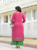 Juniper Women's Fuchsia Ethnic Motif Printed Muslin Kurta Pant With Dupatta Set With Beads & Sequins | Grocsy