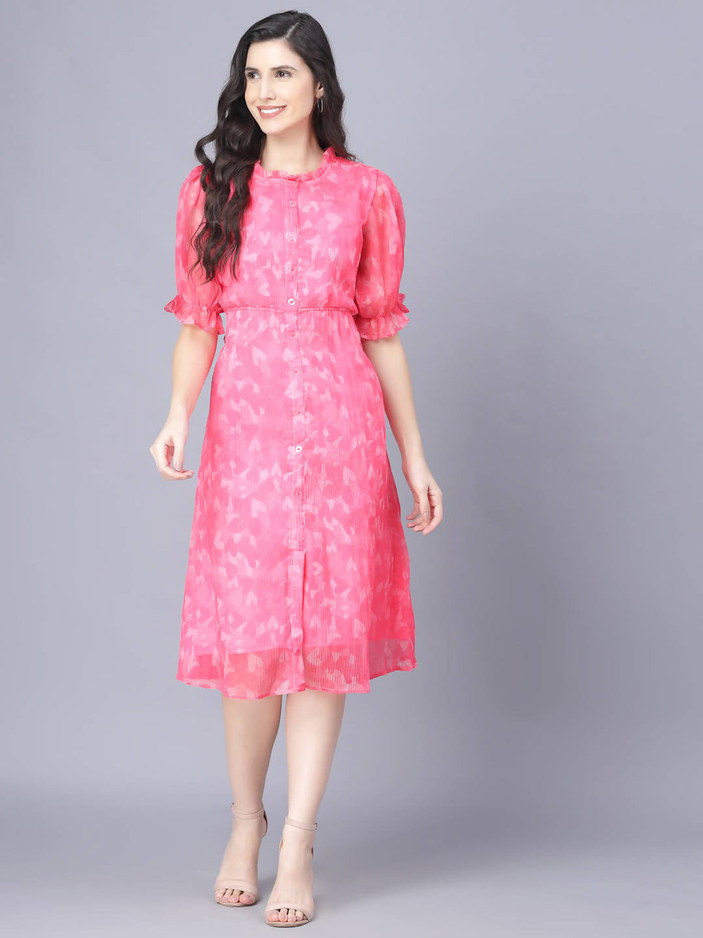 Myshka Women Pink White Floral Organic Cotton Midi Dress | Grocsy