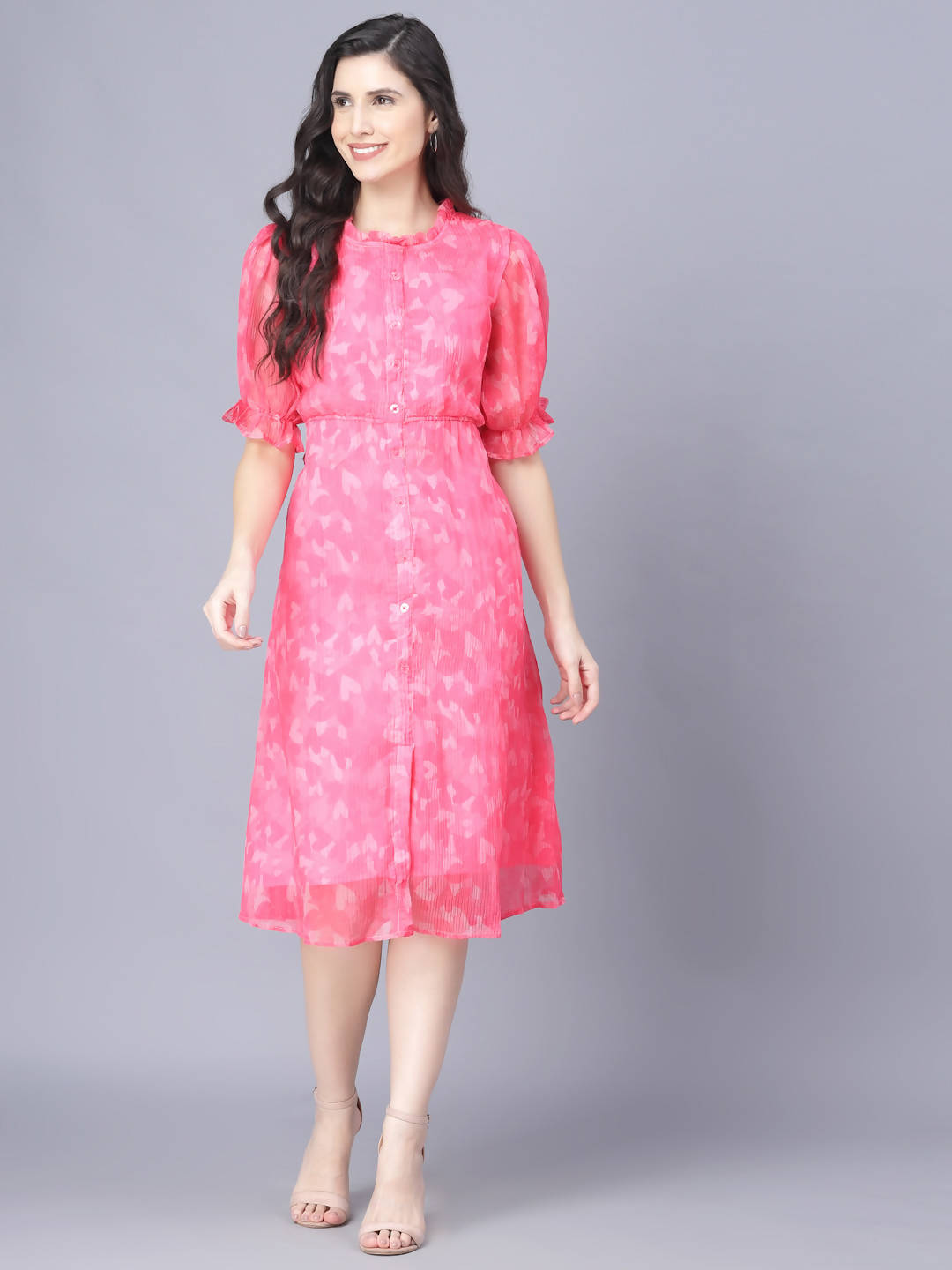 Myshka Women Pink White Floral Organic Cotton Midi Dress | Grocsy