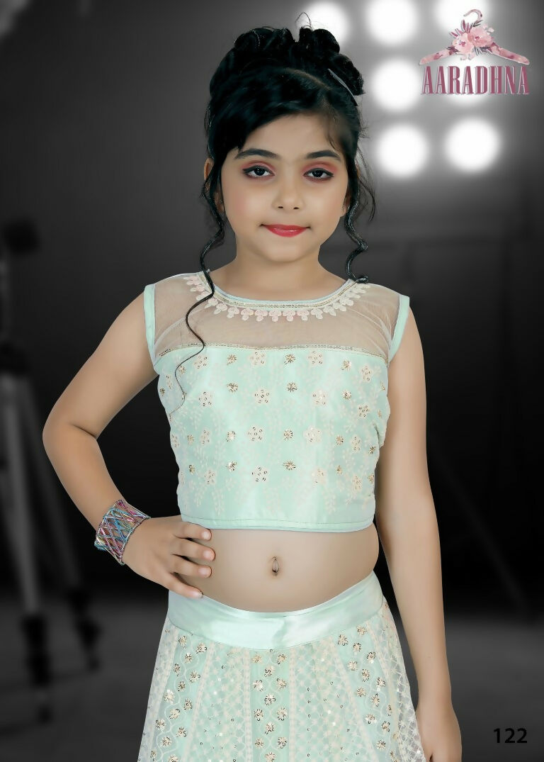 Wedding Designer Darkseagreen Net Kidswear Lahenga - Aaradhna | Grocsy