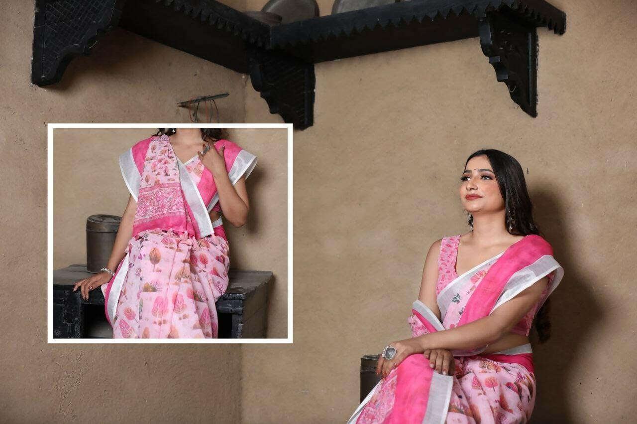 Prime Volt Linen Cotton Pink Printed Saree with Contrast Zari Border and Designer Blouse | Grocsy