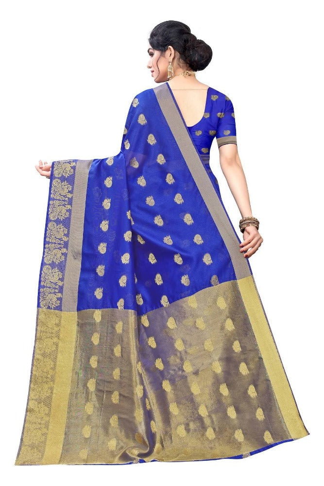Vamika Banarasi Jacquard Weaving Blue With Gold Print Saree | Grocsy