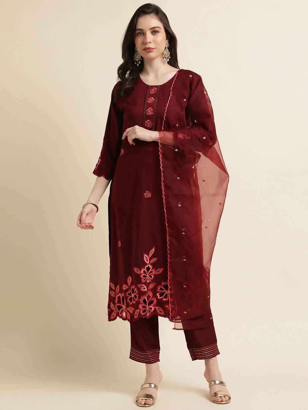 Maroon Chinon Silk Embroidered Straight Kurta with Trouser & Dupatta - Salimar | Grocsy