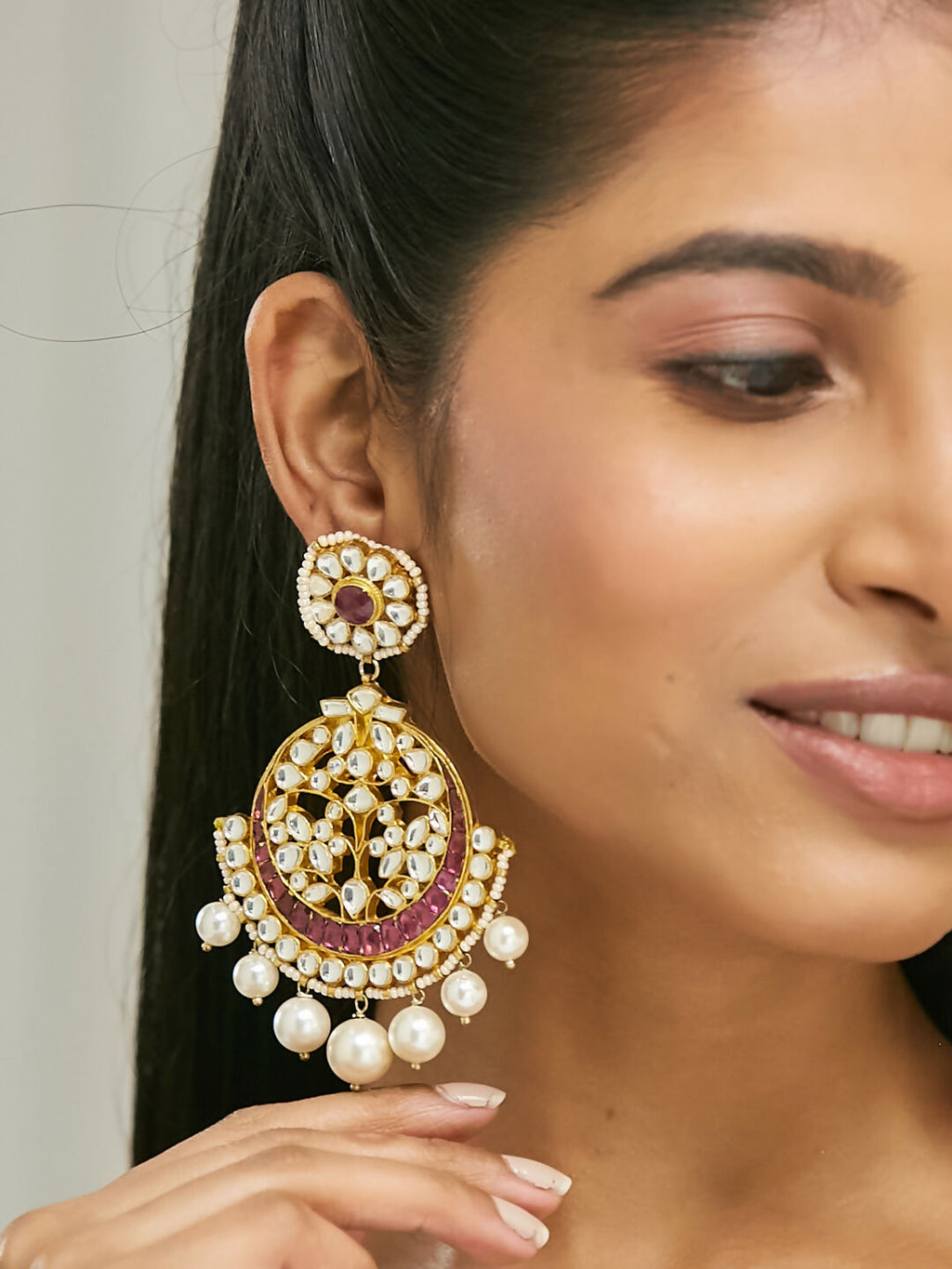 Nuyug 22K Gold-Plated Elegant Ruby & Kundan Stone Studded With Pearl Beaded Floral Chandbalis | Grocsy