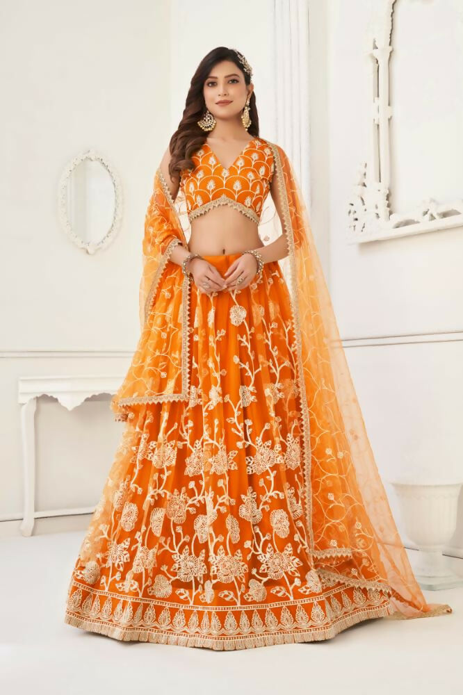Aastha Fashion Orange Butterfly Net White Cotton Thread Work And Sequence Work Embroidery Wedding Wear Lehenga Choli | Grocsy