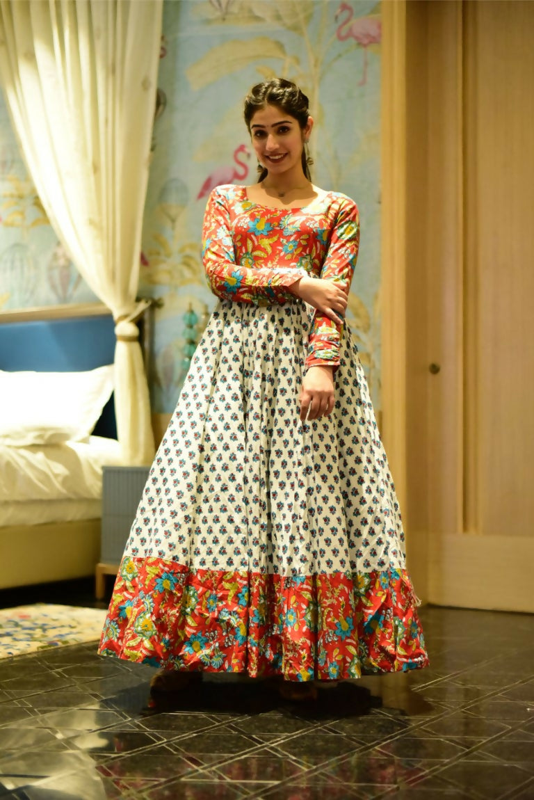 Jyoti Fashion Women's Off White Heavy Digital Printed Cotton Silk Anarkali Dress | Grocsy