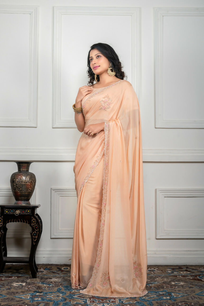 Morchari Beige Chiffon Hand Embroidery Saree And Stitched Blouse | Grocsy