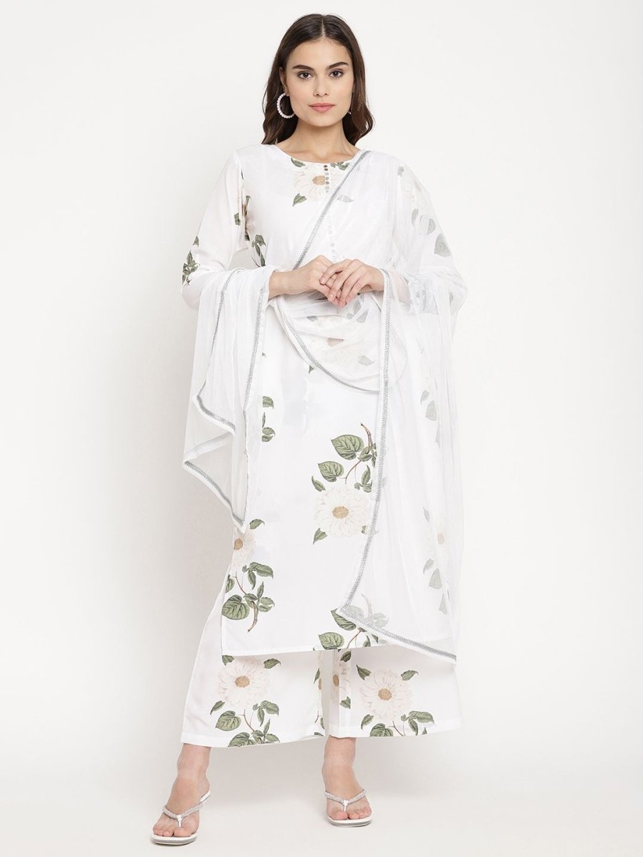 Ahalyaa Women's White Crepe Digital Print Kurta Palazzo Set With Dupatta | Grocsy