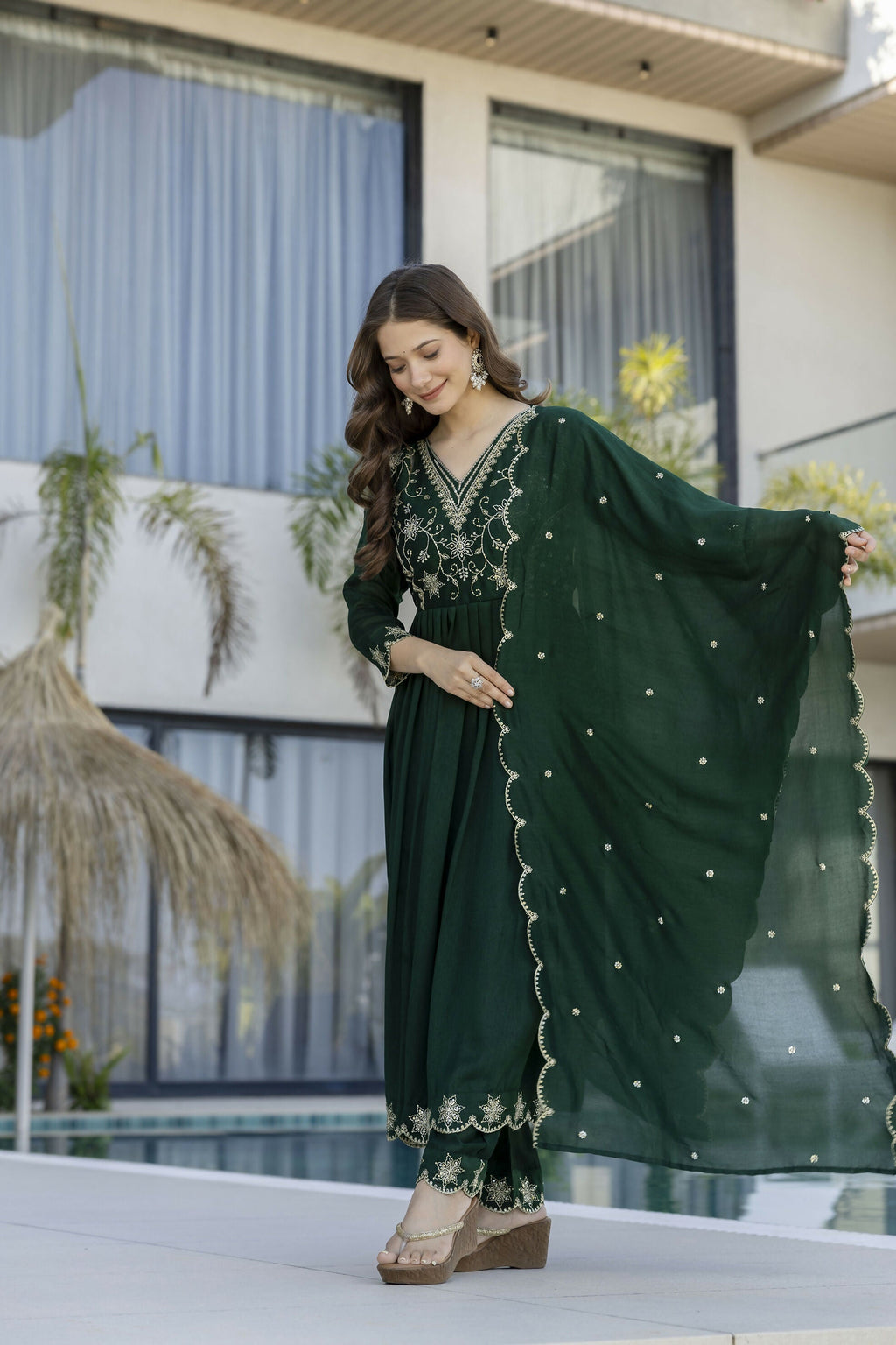 The52 Women's Beautiful Embroidery Work Vichitra Silk Fabric Flared Anarkali Pant and Dupatta Set | Grocsy
