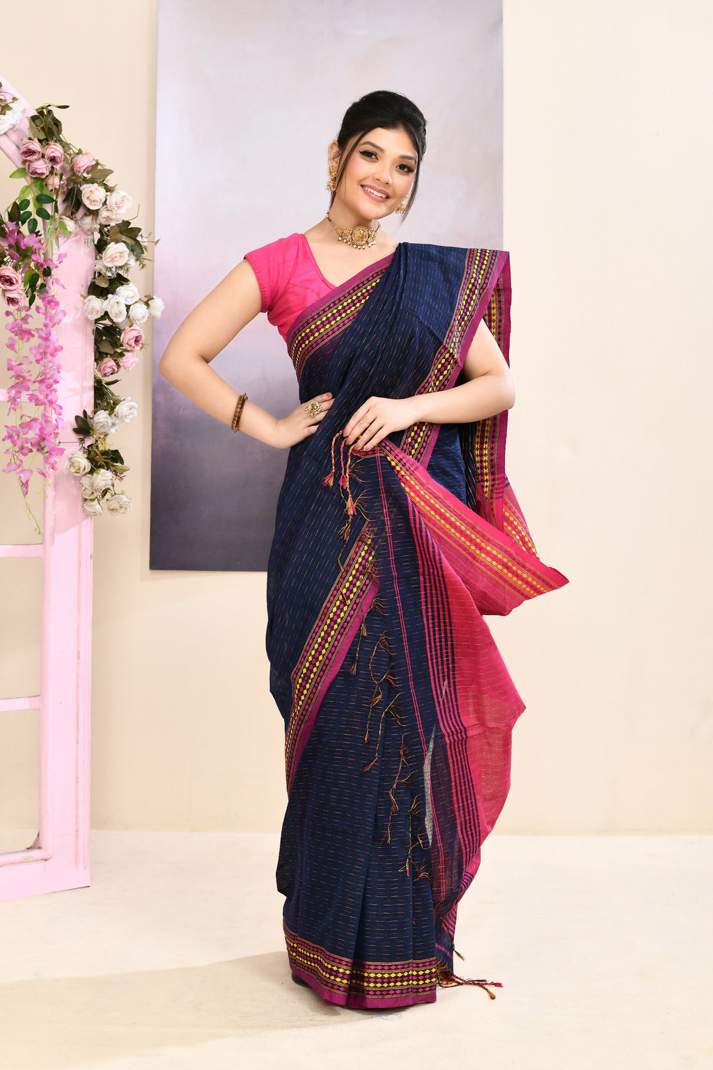 Piyari Fashion Women's Navy Blue Embellished Cotton Blend Jamdani Saree | Grocsy