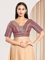 Joban Fashion Purple Multi Brocade Padded Blouse With V Neck Elbow Sleeves | Grocsy