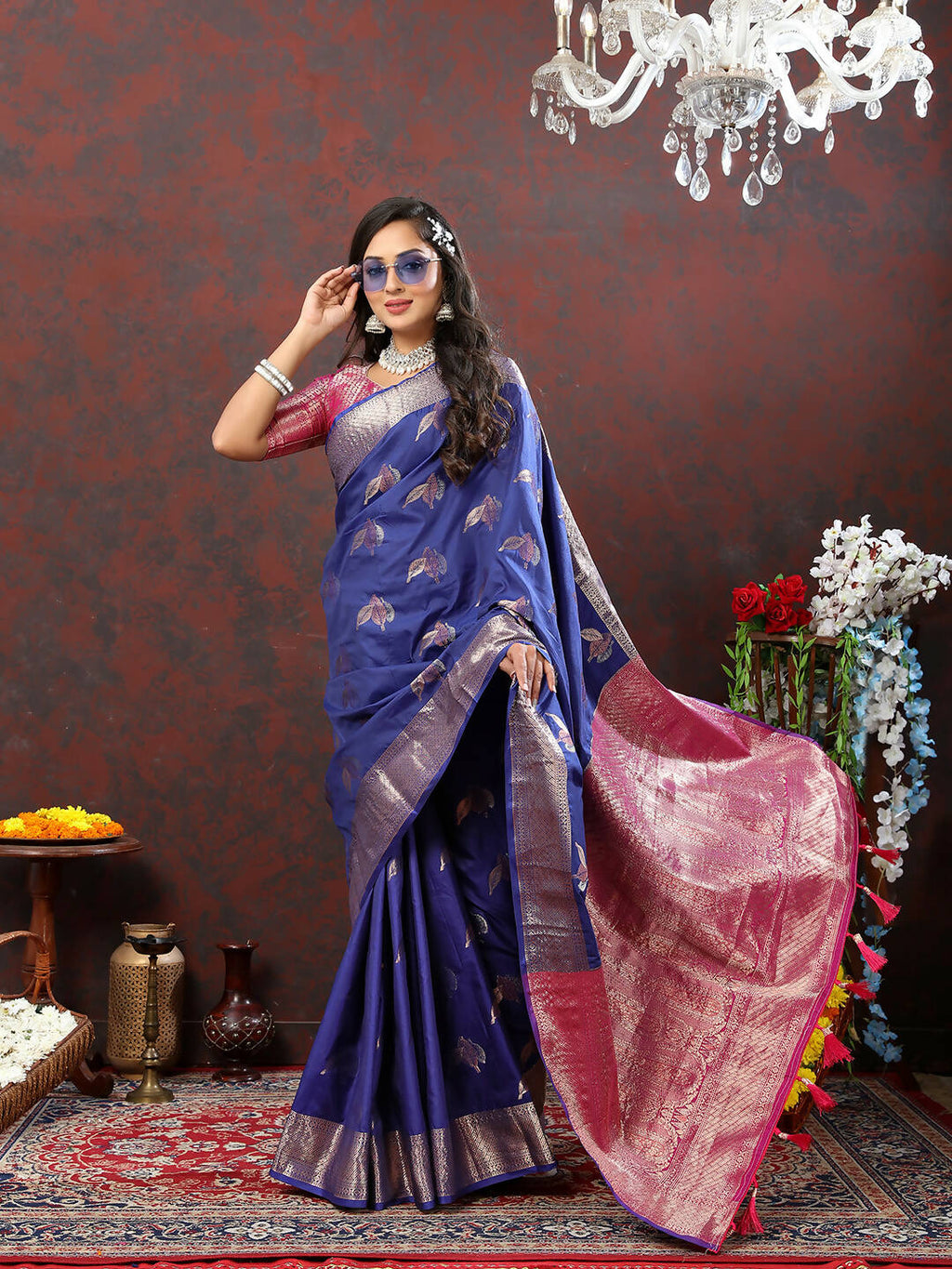 Lorenvalley Fashion Navyblue Soft Silk Woven Design Zari Weaving Saree | Grocsy