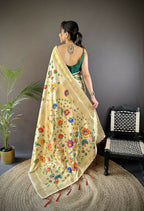 Joban Fashion Off-White  Zari Woven Floral Motifs Soft Silk Paithani Silk Saree | Grocsy