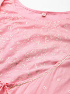Ahalyaa Pink & Gold Ethnic Printed Layered Front Slit Cotton Anarkali Kurta Palazzos | Grocsy