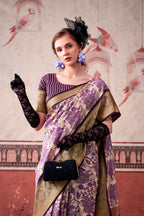 Vastranavya Lavender Tussar Silk Printed with Viscose Border Saree & Unstitched Blouse | Grocsy