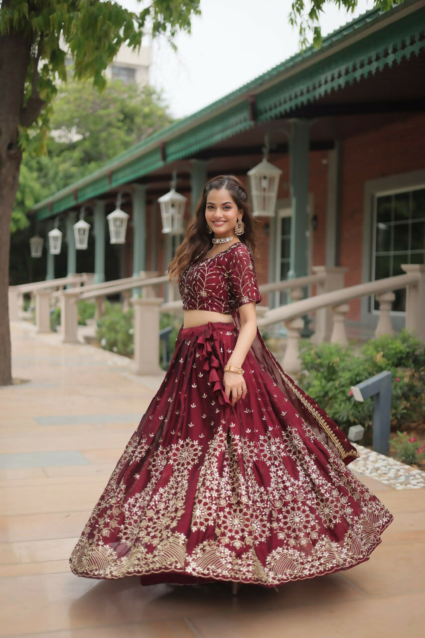 Vastranavya Designer Heavy Sequins & Thread Embroidered work Lehenga Choli - Maroon | Grocsy
