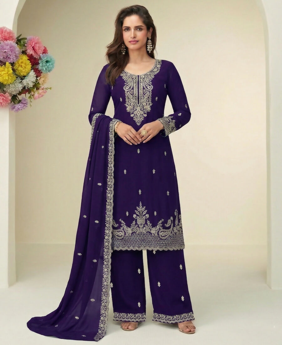 KC Purple Georgette Heavy Embroidered Fancy Suit For Women | Grocsy