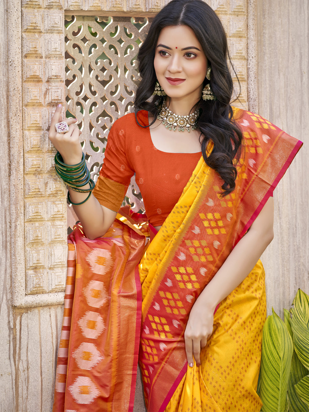 Anaita Yellow Pochampally Silk Saree With Floral Printed Work With Blouse | Grocsy