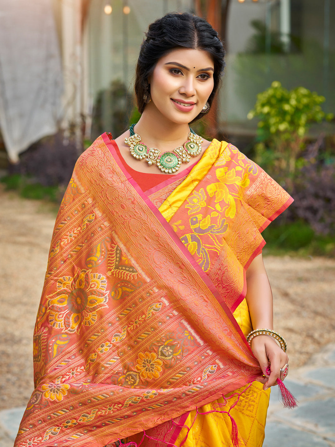 Anaita Yellow Soft Silk Saree With Floral Printed Work With Blouse | Grocsy