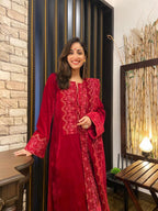 trueBrowns Red Velvet Embroidered Slit Kurta | Grocsy
