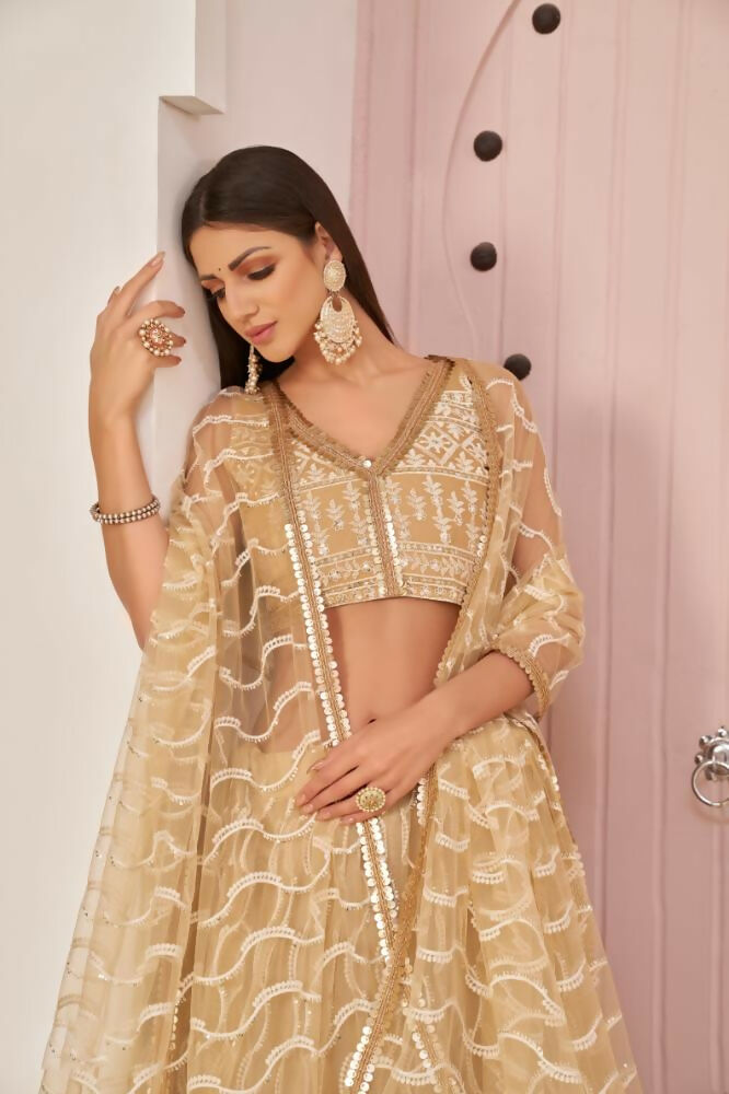 Aastha Fashion Beige Chiku Butterfly Net White Cotton Thread Work, Zari Work And Sandwich Sequence Work Embroidery Wedding Wear Lehenga Choli | Grocsy