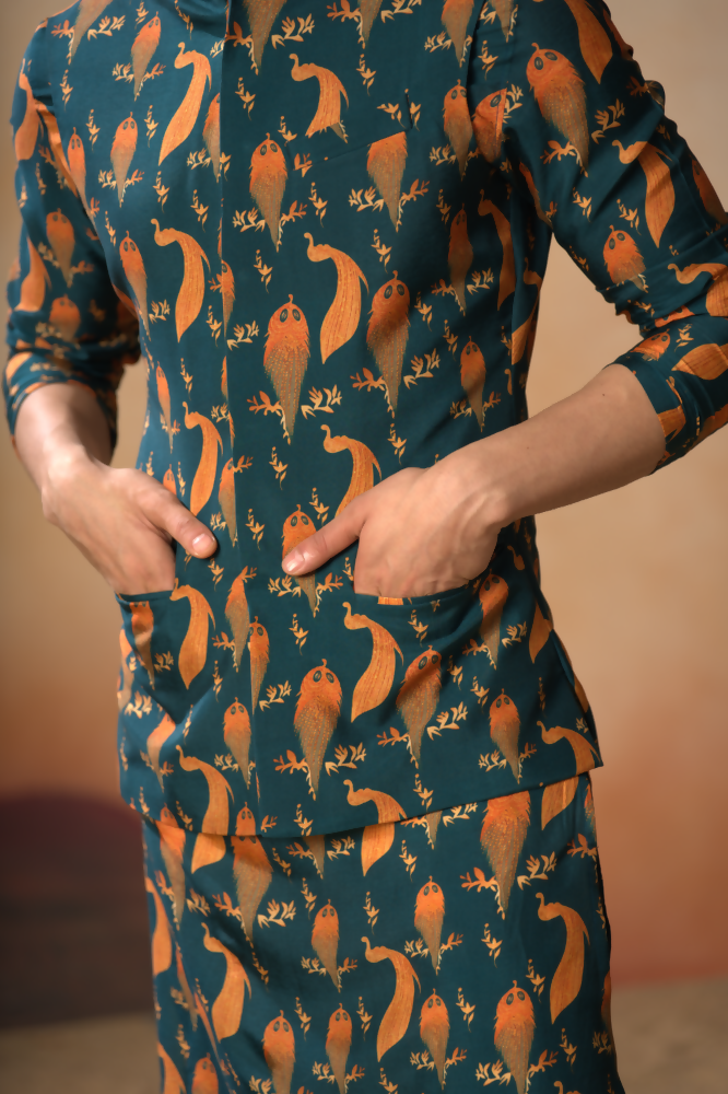 Peacock Oasis Nehru Jacket Set With Orange Hues by Hilo Design | Grocsy