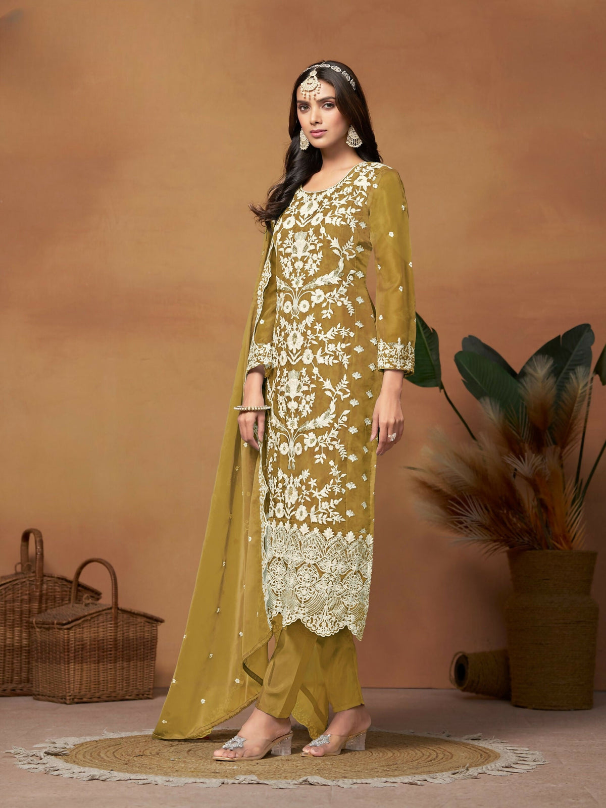 Anaita Mehendi Embroidered Soft Organza Salwar Suit | Grocsy