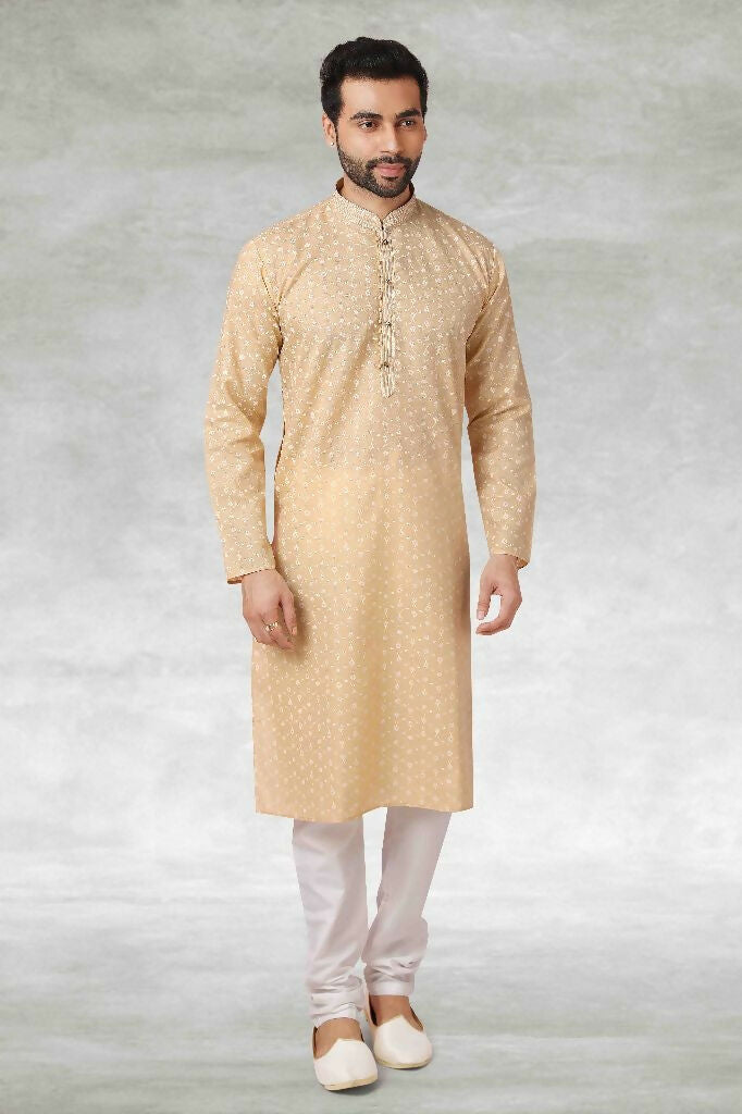 Raivat Ethnic Cotton Printed Work Kurta Pajama In Beige Colour | Grocsy