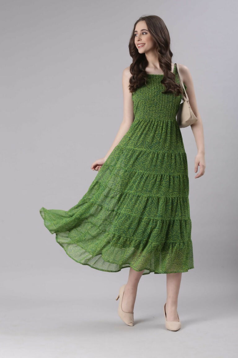 Souchii Green Varlie Printed Tiered Dress – Flowy Fit & Flare | Grocsy