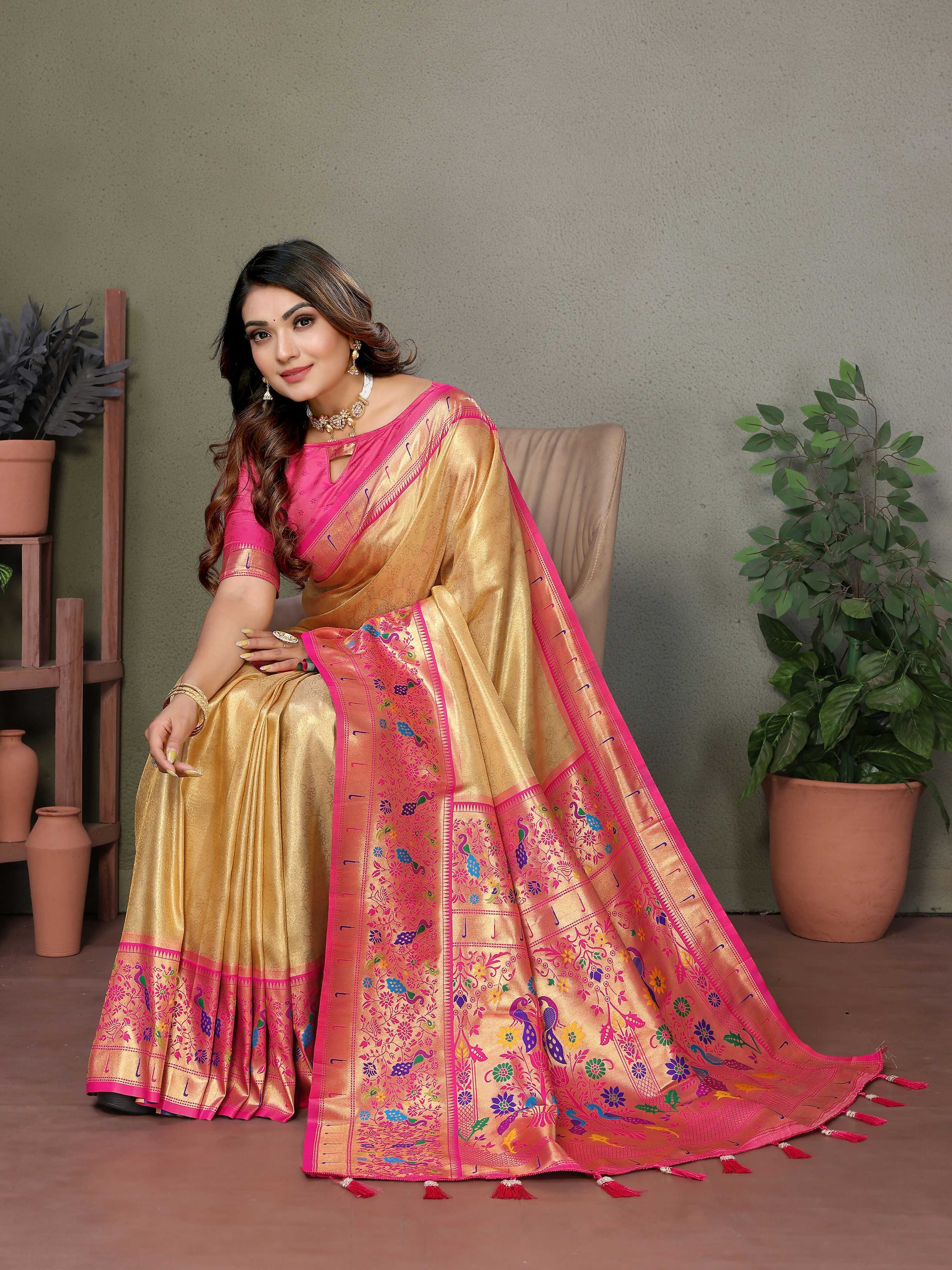 Aastha Fashion Gold Tissue Silk Paithani Woven Saree | Grocsy