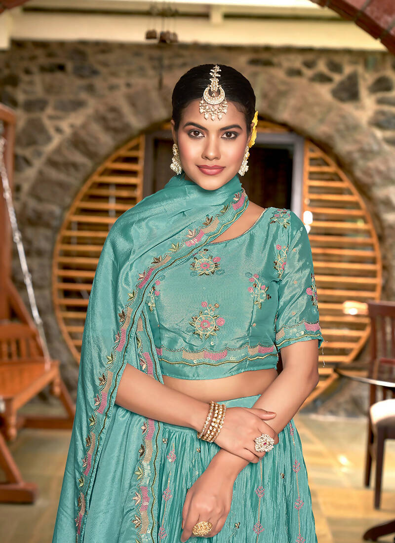 Sky Blue Chinon Crushed Sequence and Thread Embroidery Work Lehenga Choli with Dupatta - Viharini | Grocsy