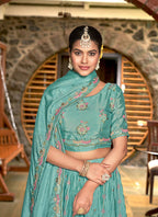 Sky Blue Chinon Crushed Sequence and Thread Embroidery Work Lehenga Choli with Dupatta - Viharini | Grocsy
