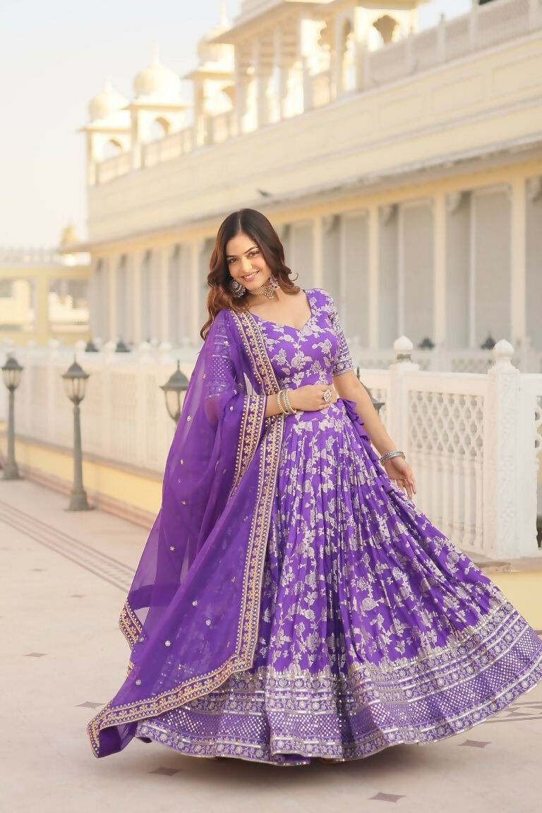 Vastranavya Designer Dyeable Pure Viscose Jacquard Fabric Lehenga Choli & Dupatta Set - Purple | Grocsy