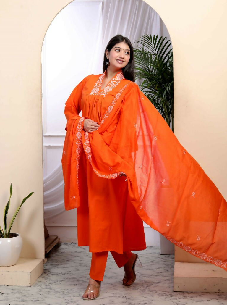 Miravan Women's Orange Cotton Embroidered A-Line Kurta And Palazzo With Dupatta Set | Grocsy