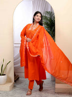 Miravan Women's Orange Cotton Embroidered A-Line Kurta And Palazzo With Dupatta Set | Grocsy